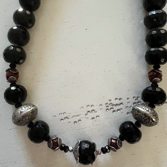 Artisan Jewelry - VTG Faceted Black Onyx & Sterling Silver Spacer Beaded Hand Crafted Necklace 20"